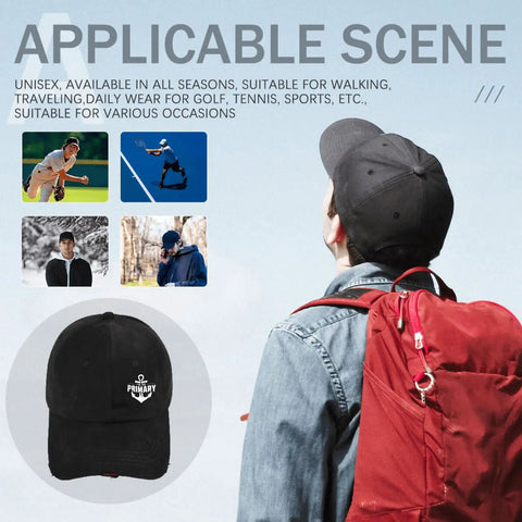 Person wearing Chill All Black Trucker Hat Ideal For Yacht Deck Crew And Charter Guests with a red backpack outdoors.
