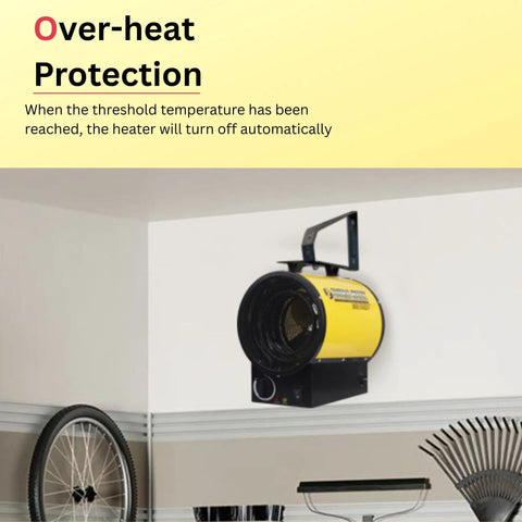 Heavy Hitter Electric Forced Air Shop Heater Blasts 5000 Watts Of Tough Warmth Straight Into Your Garage Or Jobsite Featuring Turbo Fan Dryer Setting Auto Thermostat And Overheat Shutoff Safety Tech mounted on wall with visible over-heat protection feature.
