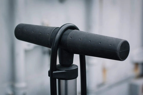 Close-up of Kraton grips on Bike Floor Pump With Industrial Gauge, Durable Aluminum Barrel Up To 160 Psi, 9 Inch Steel Base