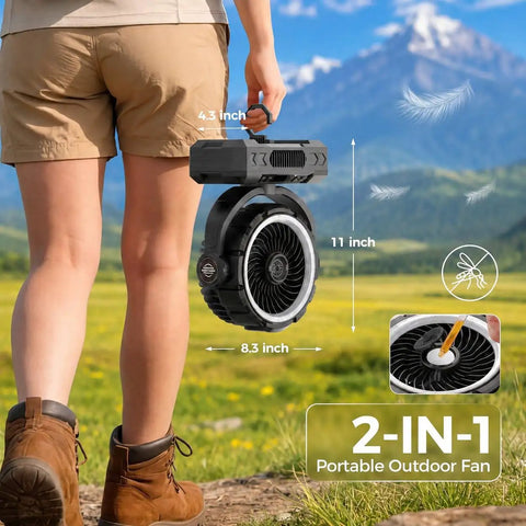 Person holding 9 Inch Rechargeable Camping Fan Auto Oscillating With 20000mAh Battery For 12 To 60 Hours Of Run Time outdoors
