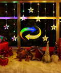 Color Changing Star Window Christmas Lights With 9 Star Curtain Ornaments Multicolor And Warm White Battery Operated With Timer 8 Modes IP65 Waterproof Xmas Window Decor For Indoor And Outdoor Use displayed on window with gifts.