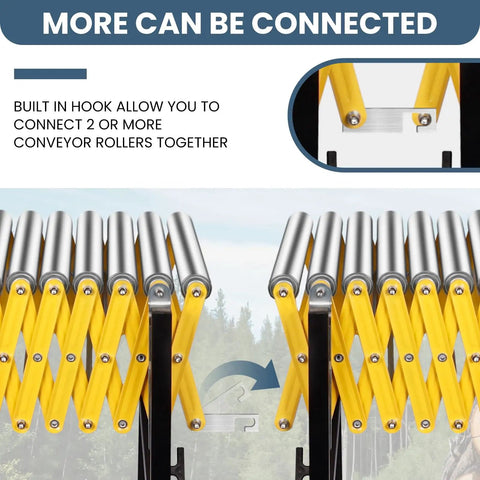 Boss Level Heavy Duty Portable Rolling Conveyor Table 660 Lb Load Capacity showing built-in hook for connecting rollers.