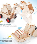 4 In 1 Wood Building STEM Kit For Kids 8 To 12 With Tower Crane Hydraulic Loader Solar Powered Truck And Road Roller features hydraulic loader and road roller models