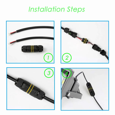 IP68 Outdoor Junction Box 2-Way 2-Pin Waterproof Cable Connector installation steps for 3.5-7mm wires, black PA66 housing.