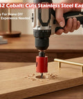 Badass 18 Piece Cobalt Bi Metal Hole Saw Kit that Slices Through Wood Plastic Drywall And Hardened Steel Like Butter Featuring High Concentric Precision Bits Ranging From Three Quarters To Two Point Five Inches, drilling into wood.
