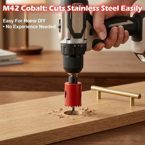 Badass 18 Piece Cobalt Bi Metal Hole Saw Kit that Slices Through Wood Plastic Drywall And Hardened Steel Like Butter Featuring High Concentric Precision Bits Ranging From Three Quarters To Two Point Five Inches, drilling into wood.