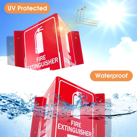 Fire Extinguisher Sign With Down Arrow, V-Shaped Acrylic Plastic, 3 Pack, 6 By 8 Inches, UV and waterproof features displayed