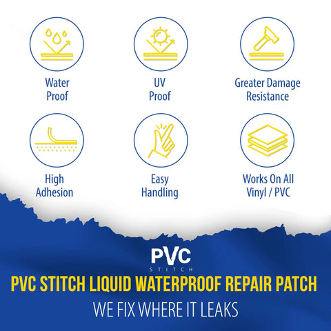 Infographic highlighting features of Heavy Duty PVC Inflatable Patch Kit With Sealer And Cord for waterproof and UV resistance.