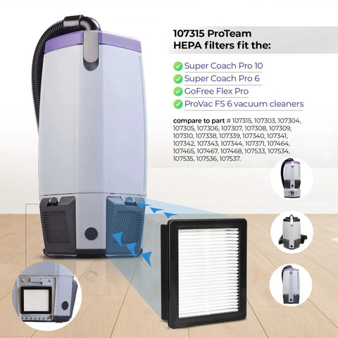 Replacement Filter For Backpack Vacuums Compatible With Super Coach Pro 10, shown with filter cartridge and vacuum