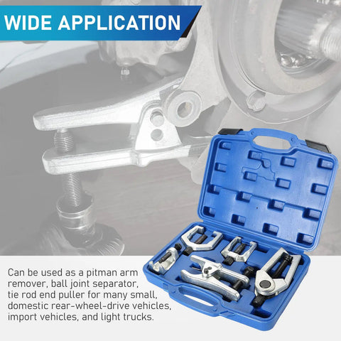 Beefed Up Five Piece Ball Joint Separator And Pitman Arm Puller Kit with tools in blue carry case for front end service