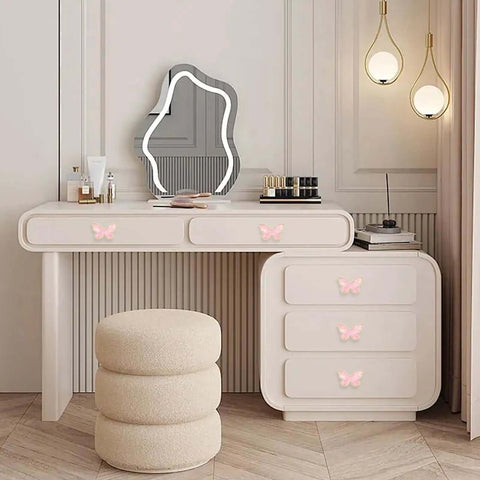 Gold Cabinet Knobs Set For Dresser Drawers And Closets, Butterfly Shaped Brushed Bow Drawer Pulls on cream dresser, 6 pack