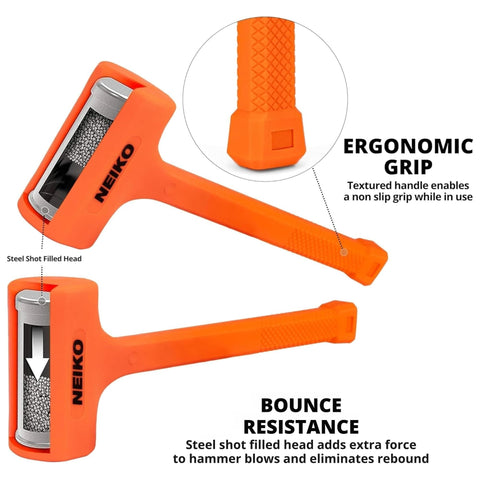 2 Pound Neon Orange Dead Blow Hammer With Unibody Molded Handle And Checkered Grip For Maximum Impact, Steel Shot Filled Head