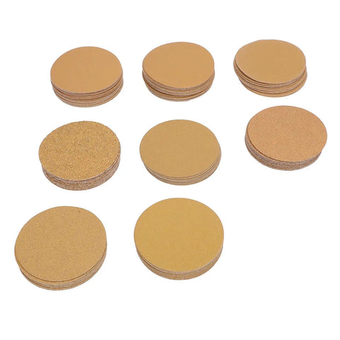 Top Tier 3 Inch Gold Aluminum Oxide Hook And Loop Sanding Discs With Hook Back For Orbital Sanders Smooth Woodwork Auto Body Metal Wall Finishing Pack Of One Hundred Sheets Durable Heavy Duty Abrasive Tool, stacked sanding discs.