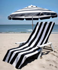 Two Pack Pool Lounge Chair Covers With Cabana Stripe Design Soft 100 Percent Ringspun Terry Cotton Oversized 32 Inch Wide By 82 Inch Long With A 7 Inch Pocket Black Beach Spa Chair Cover Set on a lounge chair at the beach under a matching umbrella