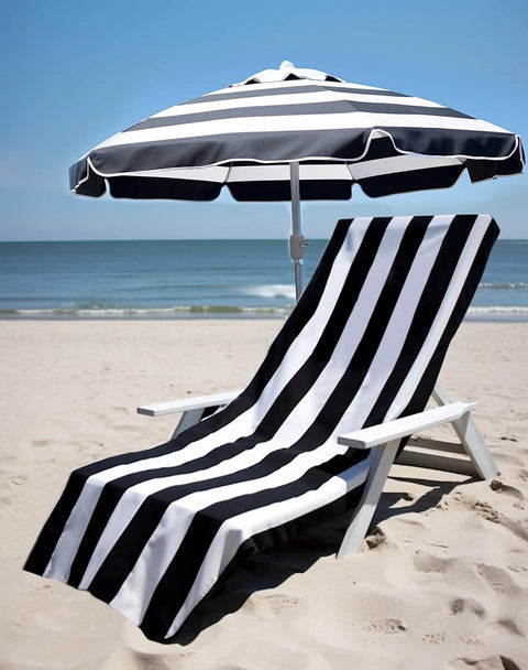 Two Pack Pool Lounge Chair Covers With Cabana Stripe Design Soft 100 Percent Ringspun Terry Cotton Oversized 32 Inch Wide By 82 Inch Long With A 7 Inch Pocket Black Beach Spa Chair Cover Set on a lounge chair at the beach under a matching umbrella
