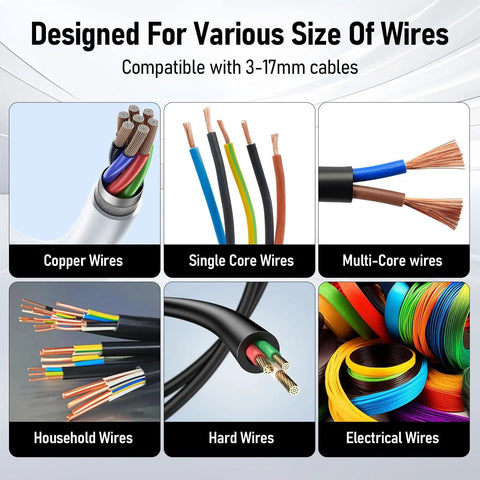Image showcasing compatibility of Heavy Duty Manual And Electric Drill Compatible Wire Stripper Machine For 0.12 To 0.67 Inch Copper Cables with various wire types.