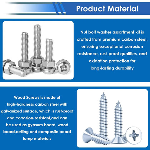 Heavy Duty Workhorse Nuts And Bolts Assortment Kit With Washers And Wood Screws 453 Piece Set M3 M4 M5 M6 Hardware showing carbon steel bolts and wood screws.