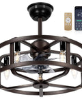 20 Inch Caged Bladeless Ceiling Fan With Light, Low Profile Flush Mount, Remote And App Control, 6 Speeds, Reversible Blades, Timing