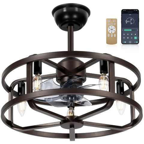 20 Inch Caged Bladeless Ceiling Fan With Light, Low Profile Flush Mount, Remote And App Control, 6 Speeds, Reversible Blades, Timing