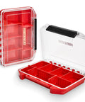 IPX4 Waterproof Small Parts Organizer Case With Removable Dividers Two Boxes Set, transparent and red plastic with clear lids.