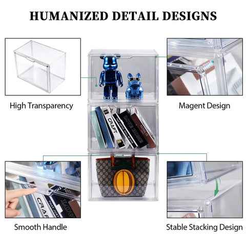 Clear Plastic Handbag Organizer Set 3 Pack For Closet Storage, acrylic case displaying toys, books, purse, magnetic door detail