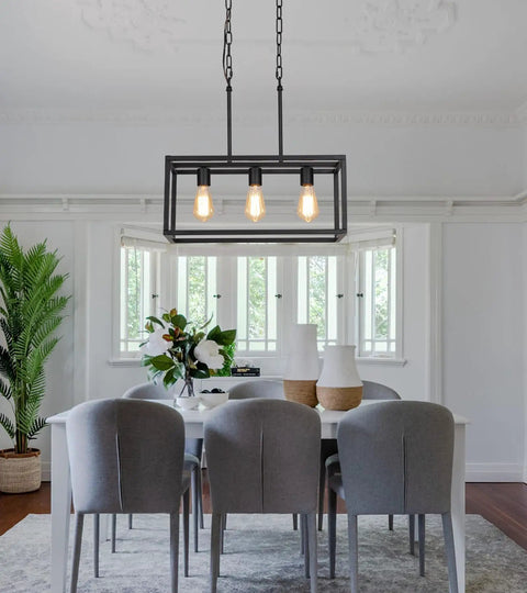 Three Light Black Linear Chandelier for Modern Dining Room and Kitchen Island Bar Rectangle Farmhouse Pendant Light