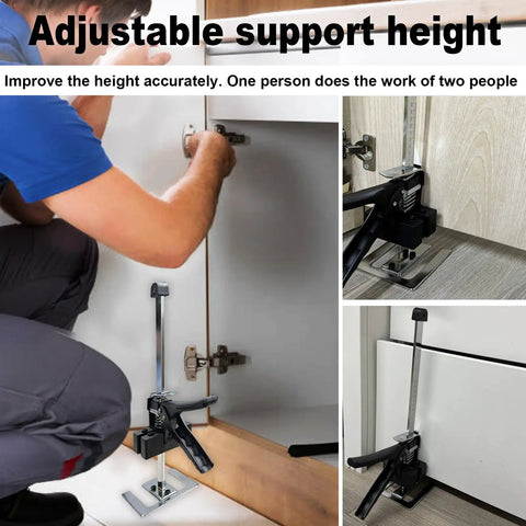 Greywolf Multi-Function Furniture Lifter With Dual Arm Jacks For Cabinet Raising And Tile Height Adjustment lifting tool in use under a cabinet.