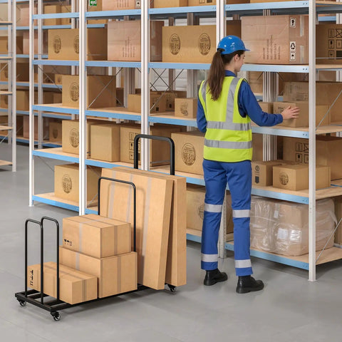 Built-Tough Cardboard Box Organizer On Wheels With Adjustable Storage Rack Metal Cart Stand in warehouse setting