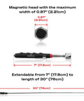Diagram of Telescoping Magnetic Pickup Tool with dimensions, showing 0.87 inch magnet head and extendable length up to 30 inches.