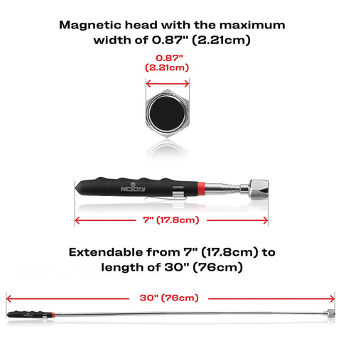 Diagram of Telescoping Magnetic Pickup Tool with dimensions, showing 0.87 inch magnet head and extendable length up to 30 inches.