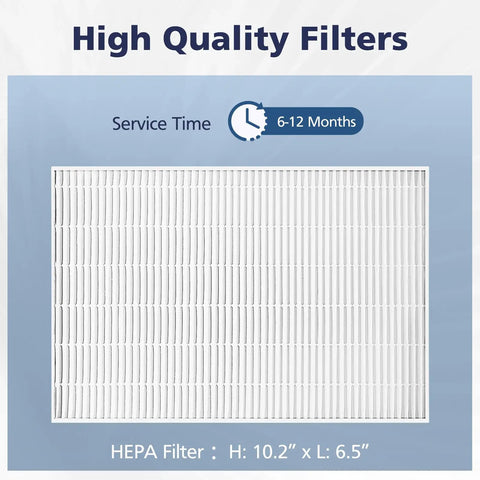 6 Pack HRF-R3 HEPA Replacement Filter For HPA300 HPA200 HPA100 HPA090 HPA5300 Series, white filter with dimensions 10.2 x 6.5 inches
