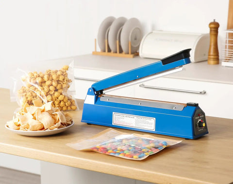 12 Inch Tabletop Impulse Heat Sealer For Plastic Bags Manual Bag Sealer With No Warmup Time And Adjustable Temperature For PE And PP Bags Extra Replacement Element Blue Grip Sealing Machine For Home Small Shop Or DIY Use on kitchen counter sealing bags with snacks
