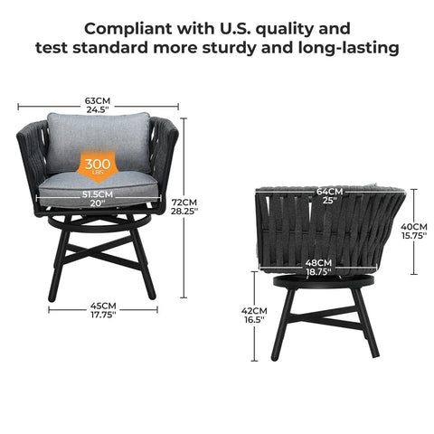 Dimension details of Patio Rope Swivel Dining Chairs Set Of 2 With Cushions, Heavy Duty Outdoor Bistro Chairs, Light Gray, 300 lb capacity.