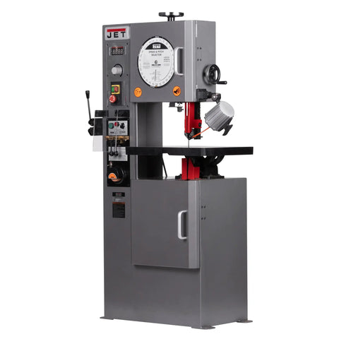 18-Inch Continuous Variable-Speed Band Saw With 1 HP 110V Single-Phase BLDC Motor, shown from the side in a workshop setting.