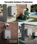 Heavy Duty Metal Outdoor Electrical Box Featuring Rock Solid Construction And Hella Secure Resettable Combo Lock For Effortless IP66 Waterproof Wiring Protection installed for pool pump timers.