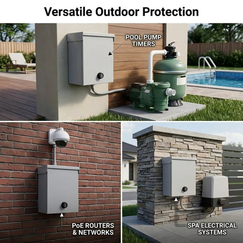 Heavy Duty Metal Outdoor Electrical Box Featuring Rock Solid Construction And Hella Secure Resettable Combo Lock For Effortless IP66 Waterproof Wiring Protection installed for pool pump timers.