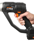 Hand holding Cordless Metal Shear Workhorse With Variable Speed From 0 To 2500 SPM, 20V Max Battery, 2.0Ah Li Ion, Charger Included.