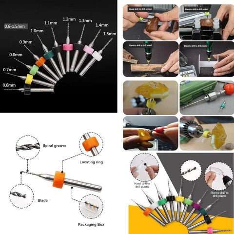 Micro Mini Drill Bit Set, Ten Tiny Tungsten Carbide Bits From 0.6mm To 1.5mm With 1/8 Inch Shank, shown with various uses and PVC case