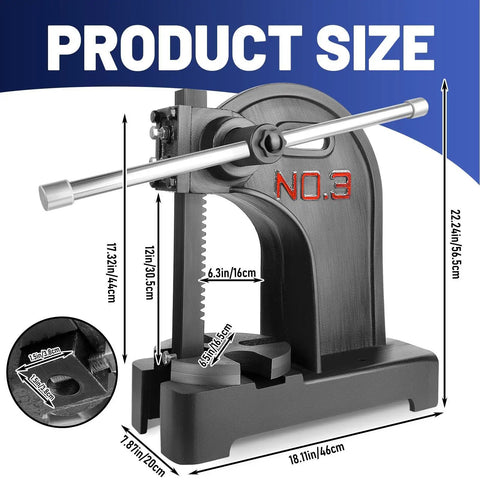 Top Shelf 3 Ton Arbor Press Machine Built With Legit Cast Iron Body And Badass Steel Anvil showing product dimensions.