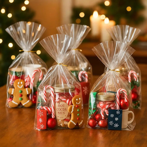 Four Clear Bottom Gusset Cellophane Gift Bags 10x14 Inches with gold twist ties, filled with treats, for party favors.