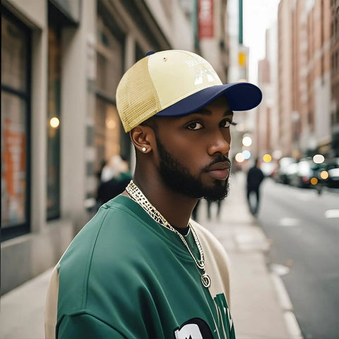Man wearing Cool Bugs Baseball Hat For Men And Women Trucker Cap With Ventilated Top Air Holes in urban setting