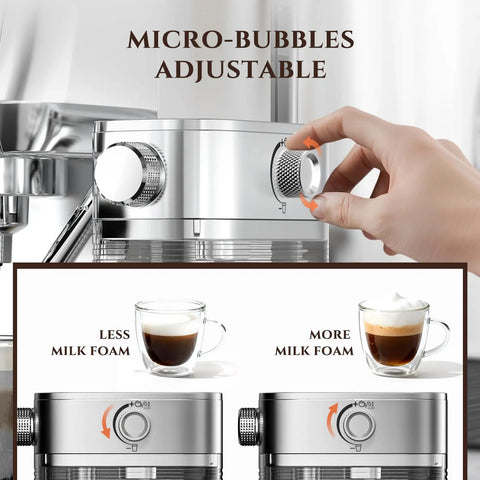 Close-up of Top Shelf Espresso Machine With Auto Milk Frother control dial adjusting micro-bubbles for foam texture.
