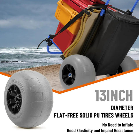 Beach Wagon Cart With 13 Inch Balloon Wheels, 165 Pound Load, Folding Sand Cart by the ocean with large PU tires