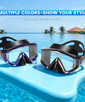 Two black and blue Three Window Panoramic Snorkel Masks with Anti Fog Scratch Resistant PC Lenses and Liquid Silicone Skirt on pool float.