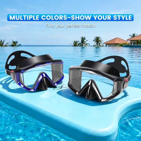 Two black and blue Three Window Panoramic Snorkel Masks with Anti Fog Scratch Resistant PC Lenses and Liquid Silicone Skirt on pool float.