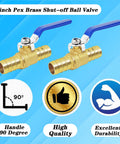 Front view of two brass 5/8-inch hose-barb ball valves with blue handles and stainless clamps