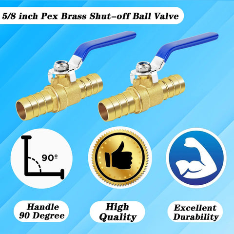 Front view of two brass 5/8-inch hose-barb ball valves with blue handles and stainless clamps