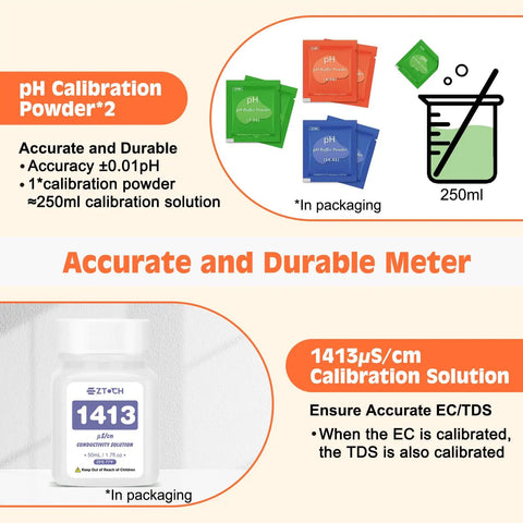 pH calibration powder and 1413μS/cm calibration solution for 4 In 1 Water Quality Meter With PH EC TDS And Temperature For Home Use