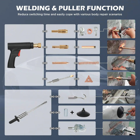 Pro Grade Stud Welder Dent Repair Kit 110V Spot Welder With 2000W 3800A Dent Puller illustrating welding and puller functions