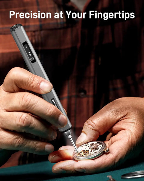 Rechargeable Electric Screwdriver With 32Bit Microprocessor And HD OLED Display For Pinpoint Precision, Up To 3.47 InLb Torque, Great For Model Repairs, DIY Projects, Pro Tech Kits SES MAX in use repairing a watch.